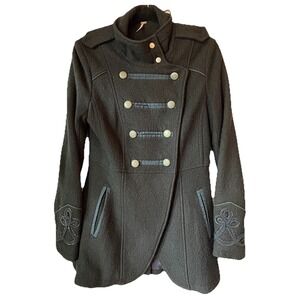 $300 FREE PEOPLE Military Wool & Viscose Double Breasted Pea Coat Blk Navy SZ 4